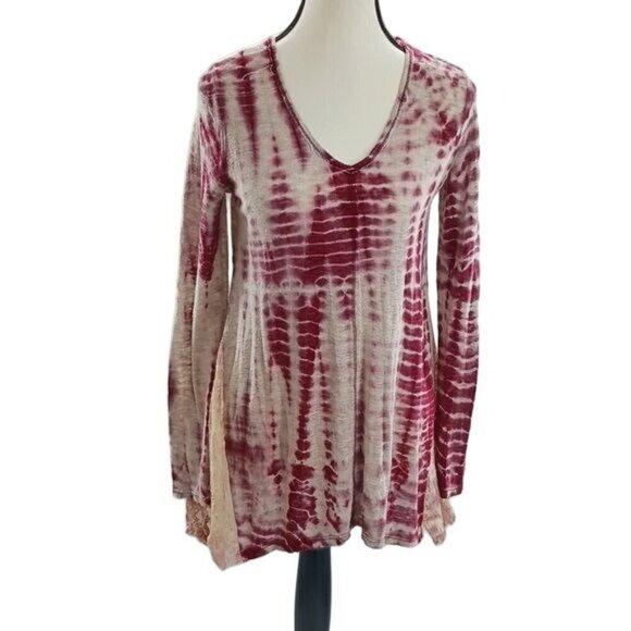 Blu Pepper Top Burgundy Tie Dye Bohemian V neck Long Sleeve Lace Size Small - Picture 1 of 8